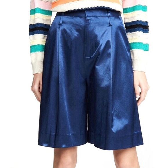 STAUD Pants - STAUD BLUE PLEATED SATIN BERMUDA SHORTS